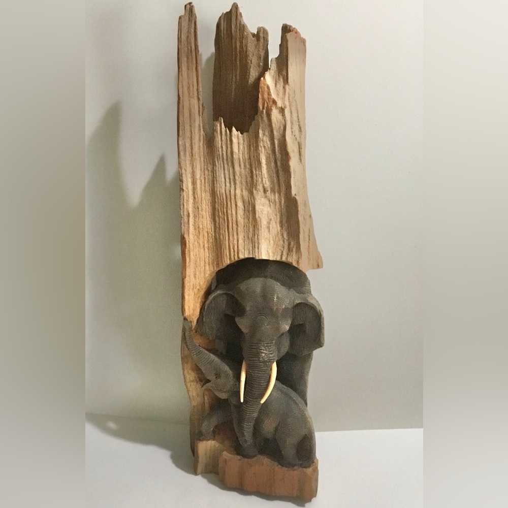 Solid hand carved natural wood large elephant sculpture
